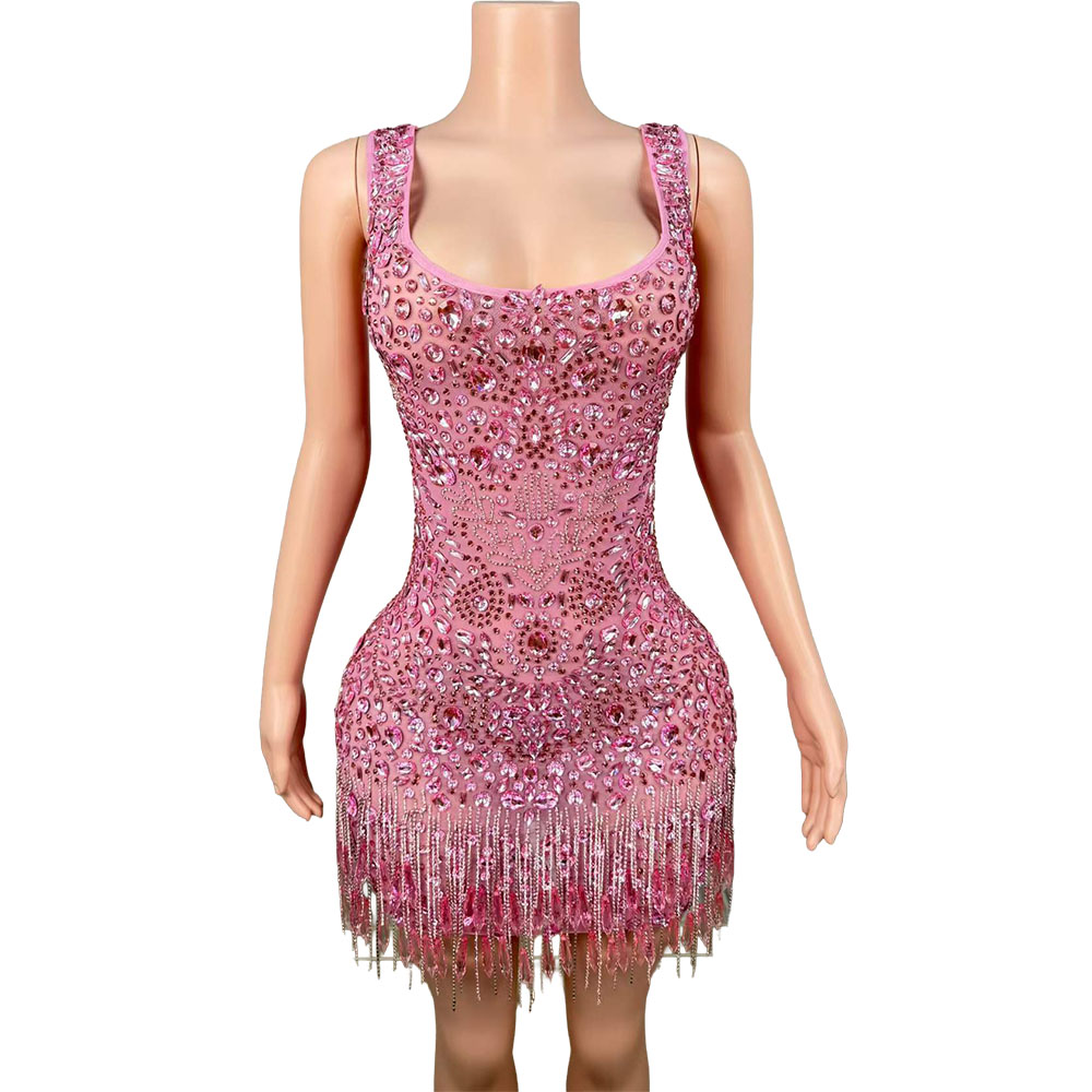 Women Formal Wear Photoshoot - Luxury Sparkly Pink Rhinestone Dress High-end